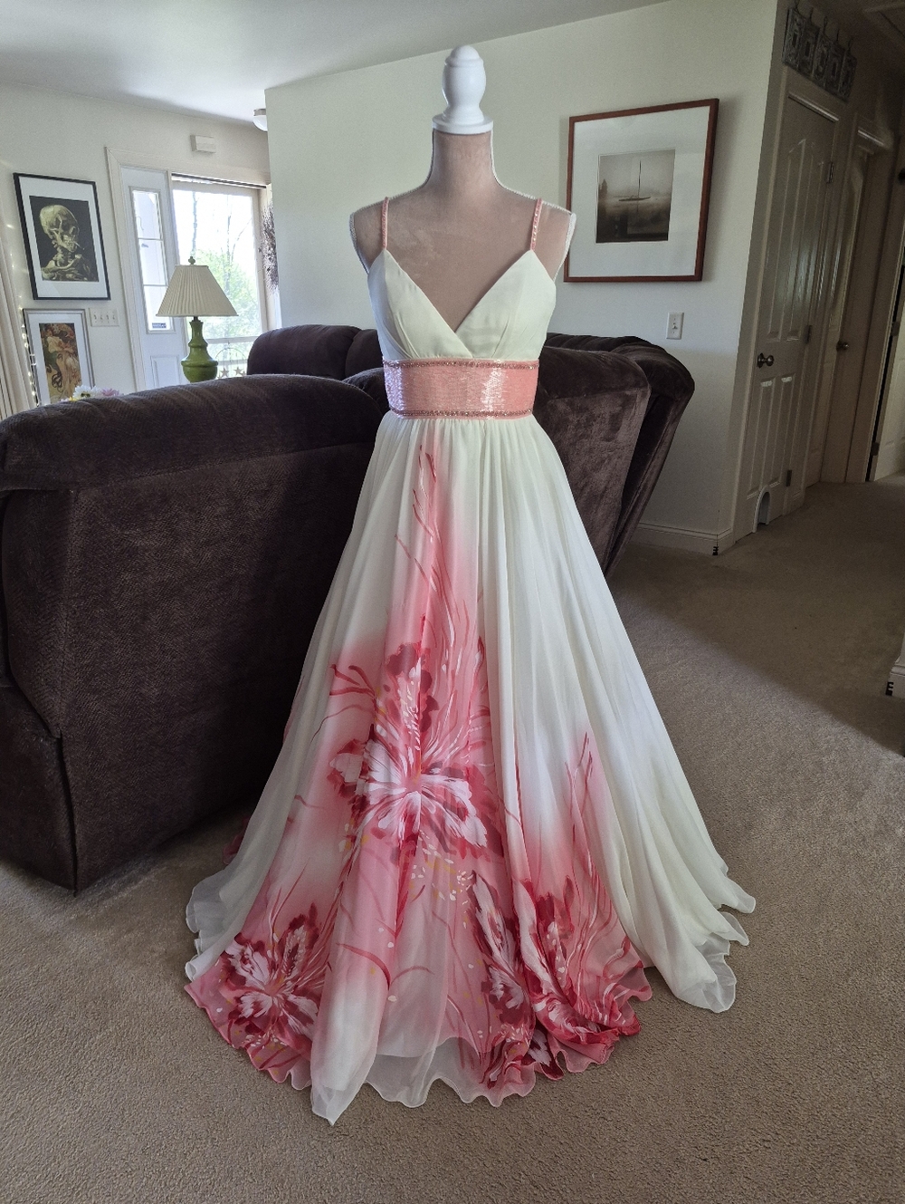 Blush Prom By Alexia White and Pink Floral Evening Gown, Lots Of Layers, Size 2